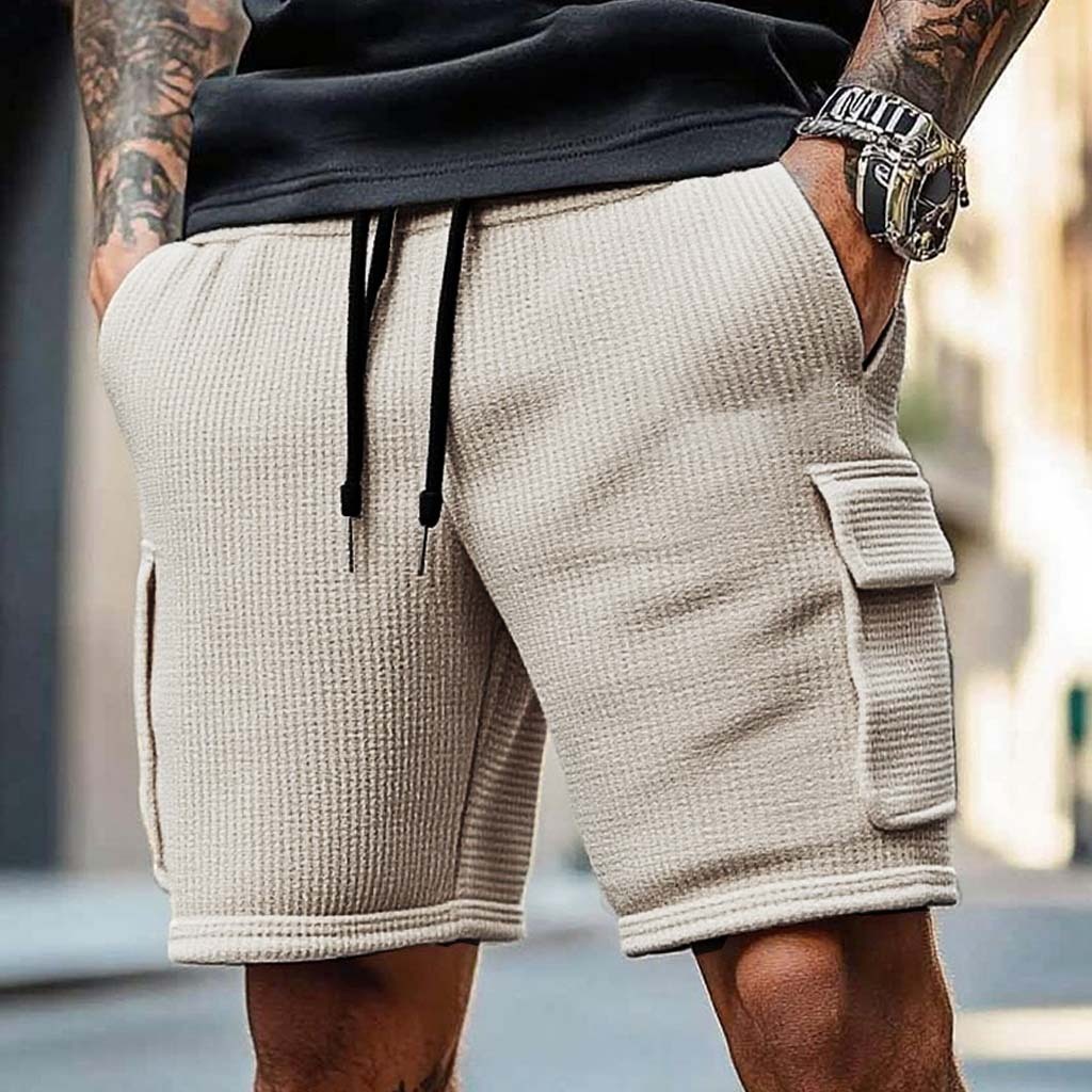 Men's Vintage Waffle Knit Multi-Pocket Casual Surf Elastic Drawstring Cargo Shorts-Unitsen