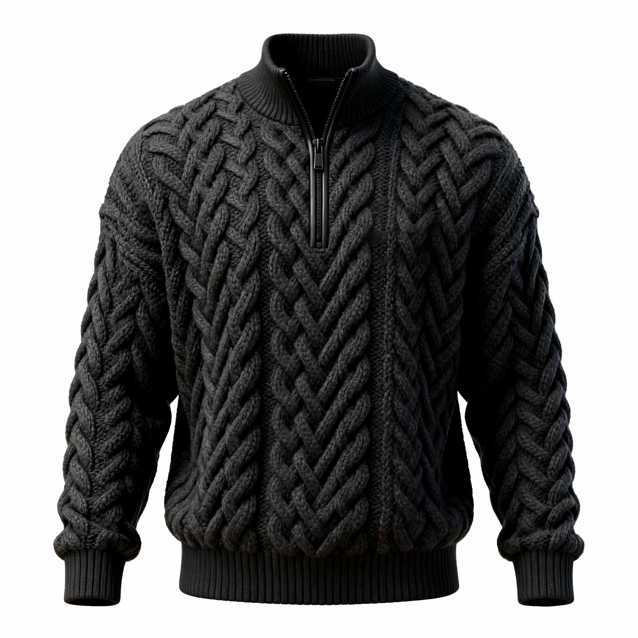 Men's Vintage Black Cable Knit Half-Zipper Stand Collar Sweater-Unitsen