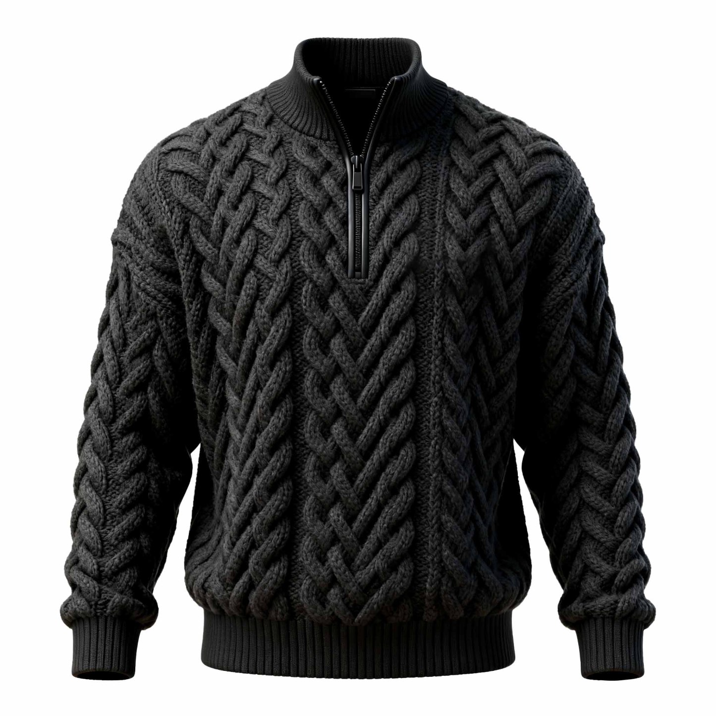 Men's Vintage Black Cable Knit Half-Zipper Stand Collar Sweater-Unitsen