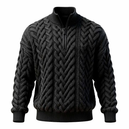 Men's Vintage Black Cable Knit Half-Zipper Stand Collar Sweater-Unitsen