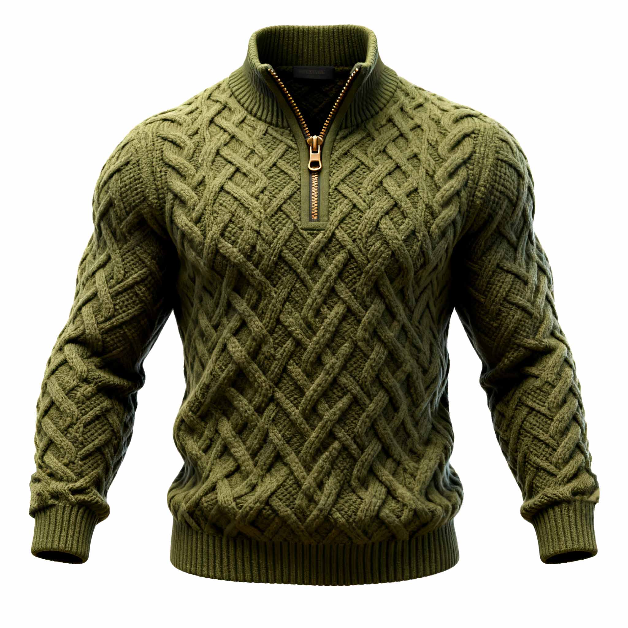 Men's Vintage Olive Green Cable Knit Quarter Zip Stand Collar Sweater-Unitsen
