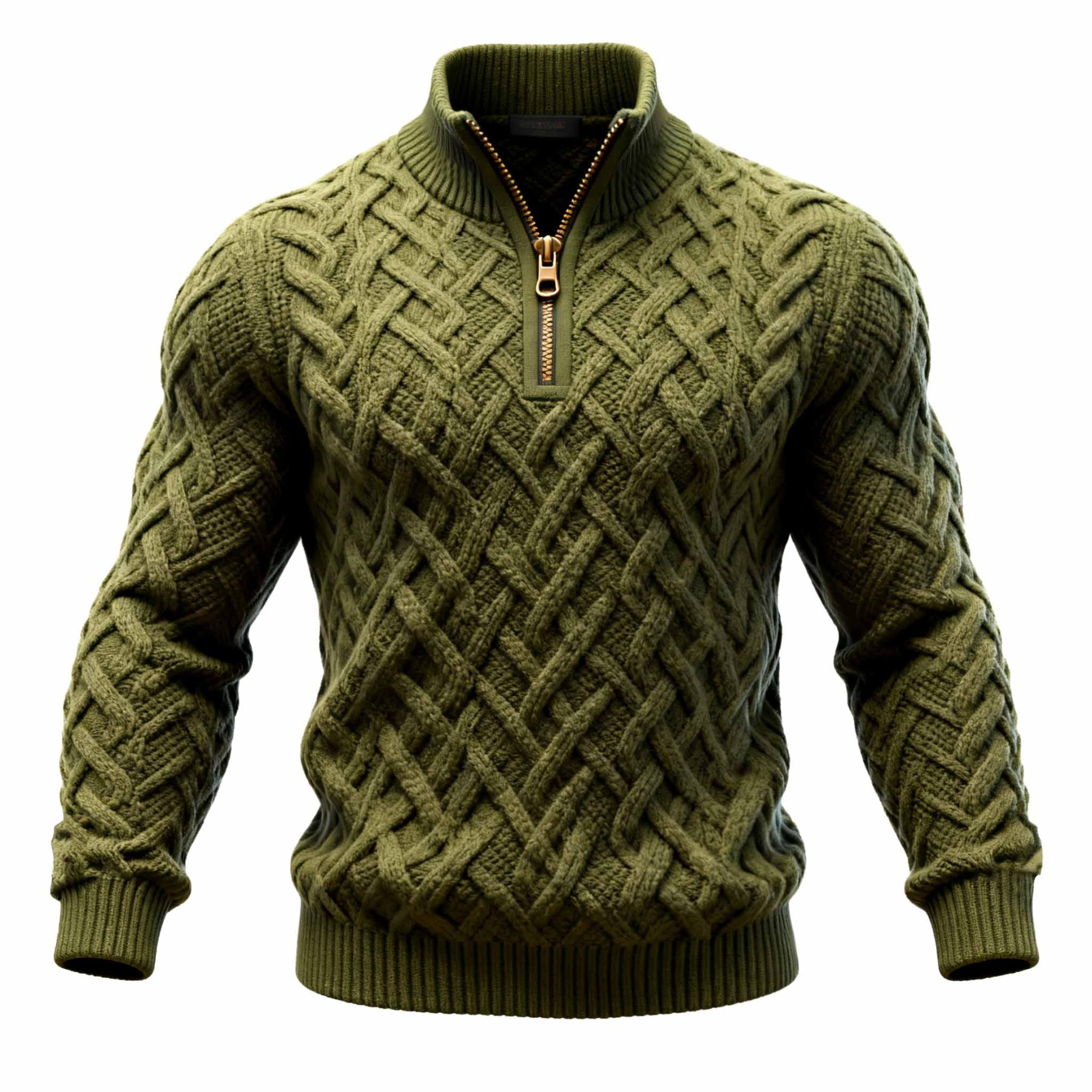 Men's Vintage Olive Green Cable Knit Quarter Zip Stand Collar Sweater-Unitsen