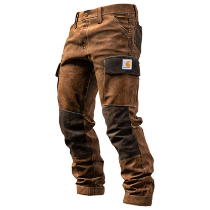 Men's Vintage Brown Suede Contrast Work Pants With Reinforced Knees-Unitsen