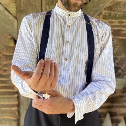 Men's Collarless Shirt Vintage Stripe Long Sleeve Daily Tops White-Unitsen