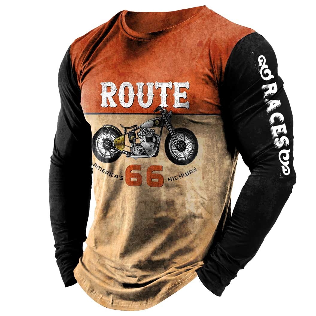 Men's Vintage Route 66 Road Trip Races Long Sleeve Casual Crew Neck T-shirt-Unitsen