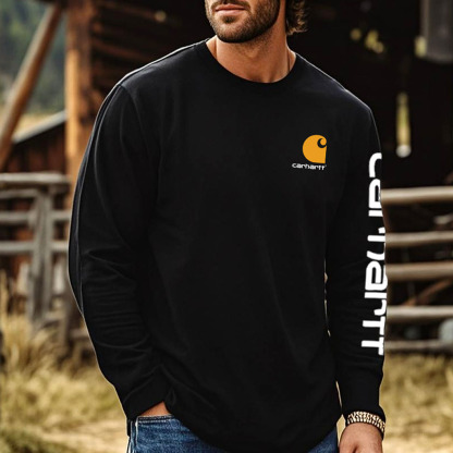 Men's Vintage White Western Denim Casual Round Neck Long Sleeve T-Shirt-Unitsen