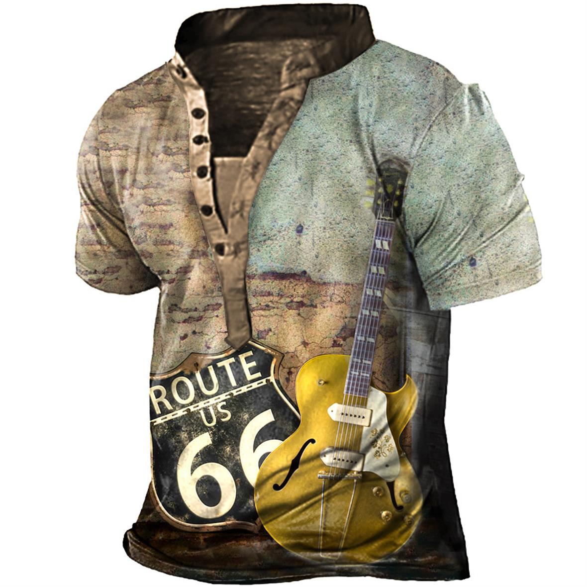 Plus Size Men's Vintage Route 66 Guitar Henley T-Shirt-Unitsen