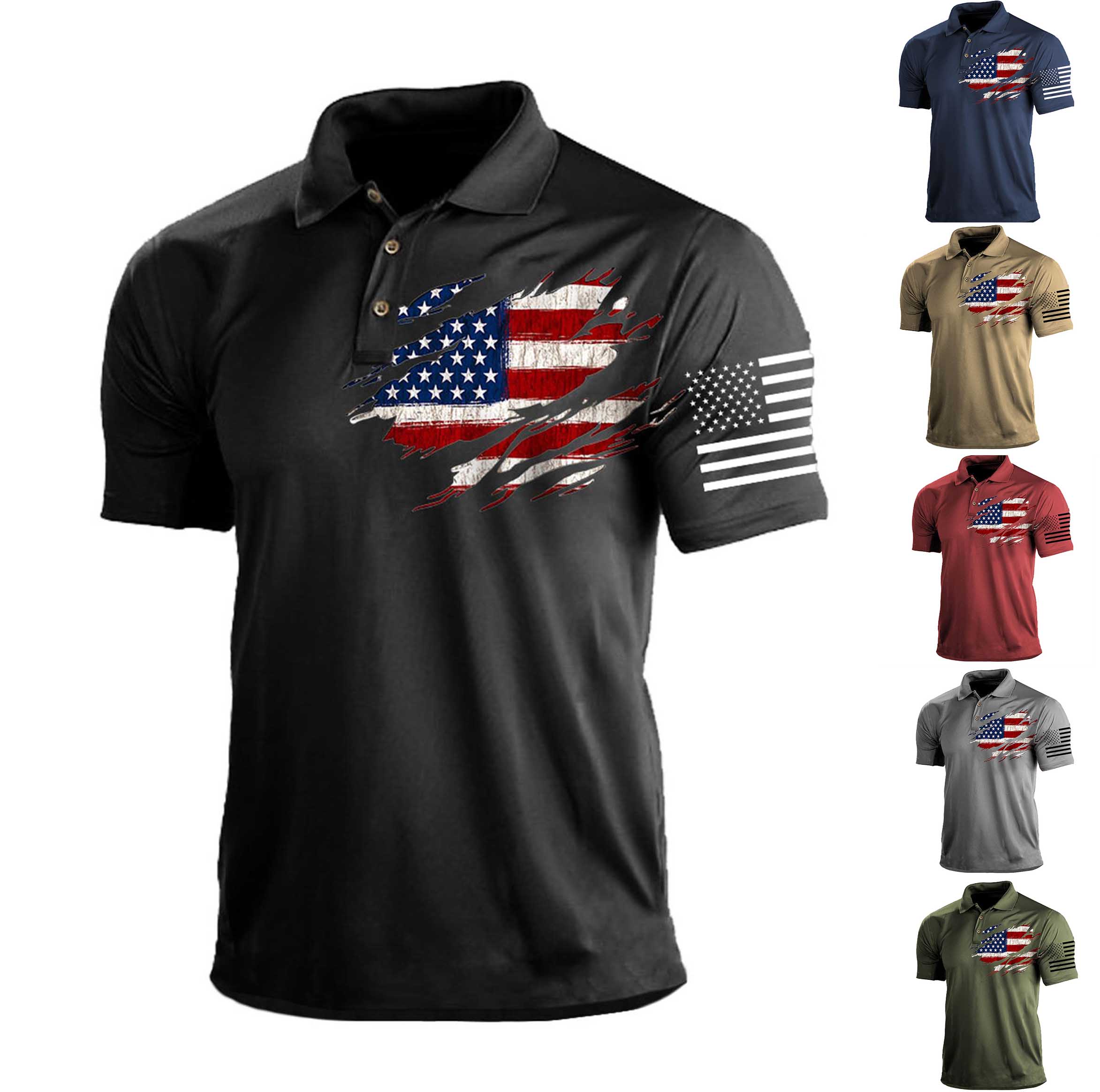 Men's T-Shirt Polo Vintage American Flag Independence Day Short Sleeve Outdoor Summer Daily Top Navy Blue Black Khaki-Unitsen