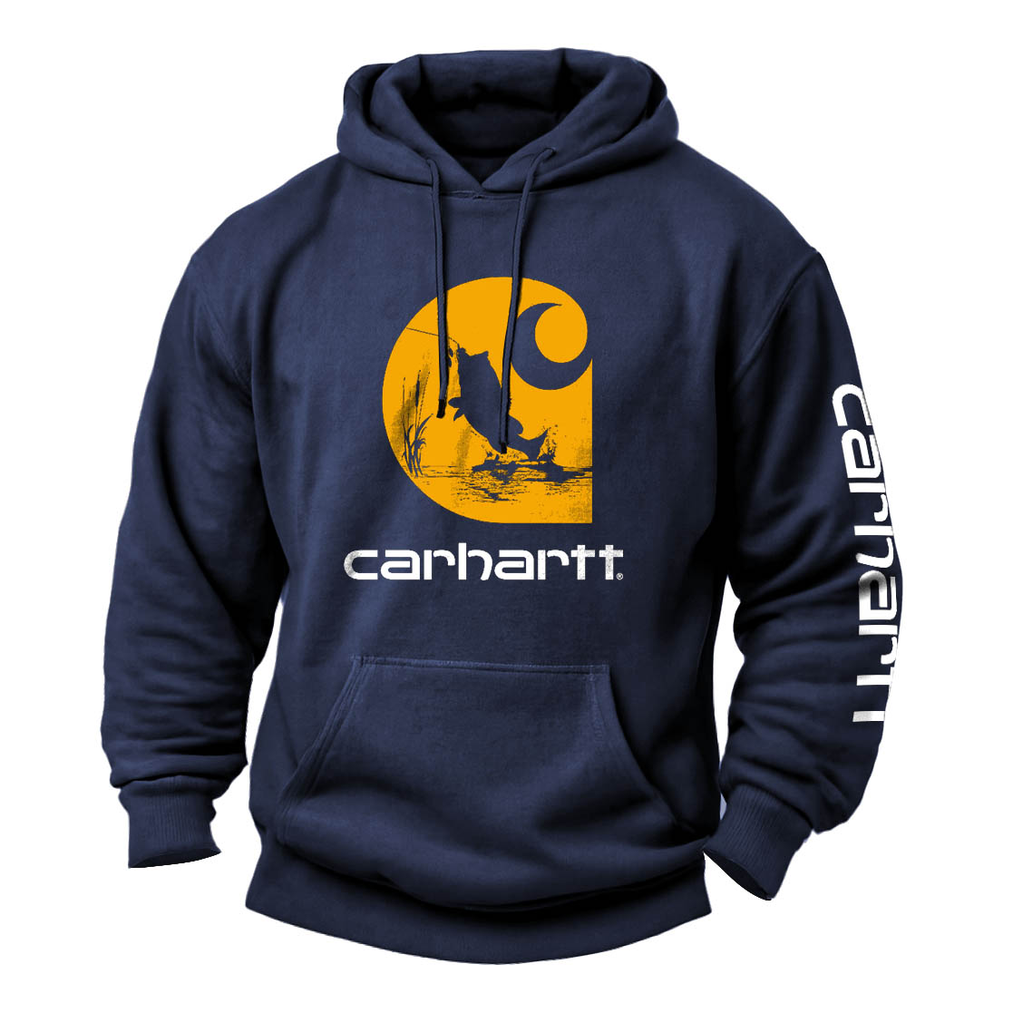 Men's Vintage Fishing Print Pocket Long Sleeve Hoodie-Unitsen