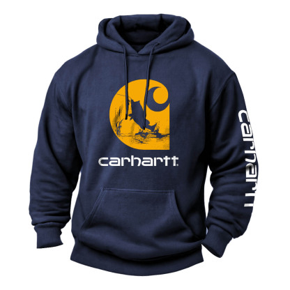 Men's Vintage Fishing Print Pocket Long Sleeve Hoodie-Unitsen