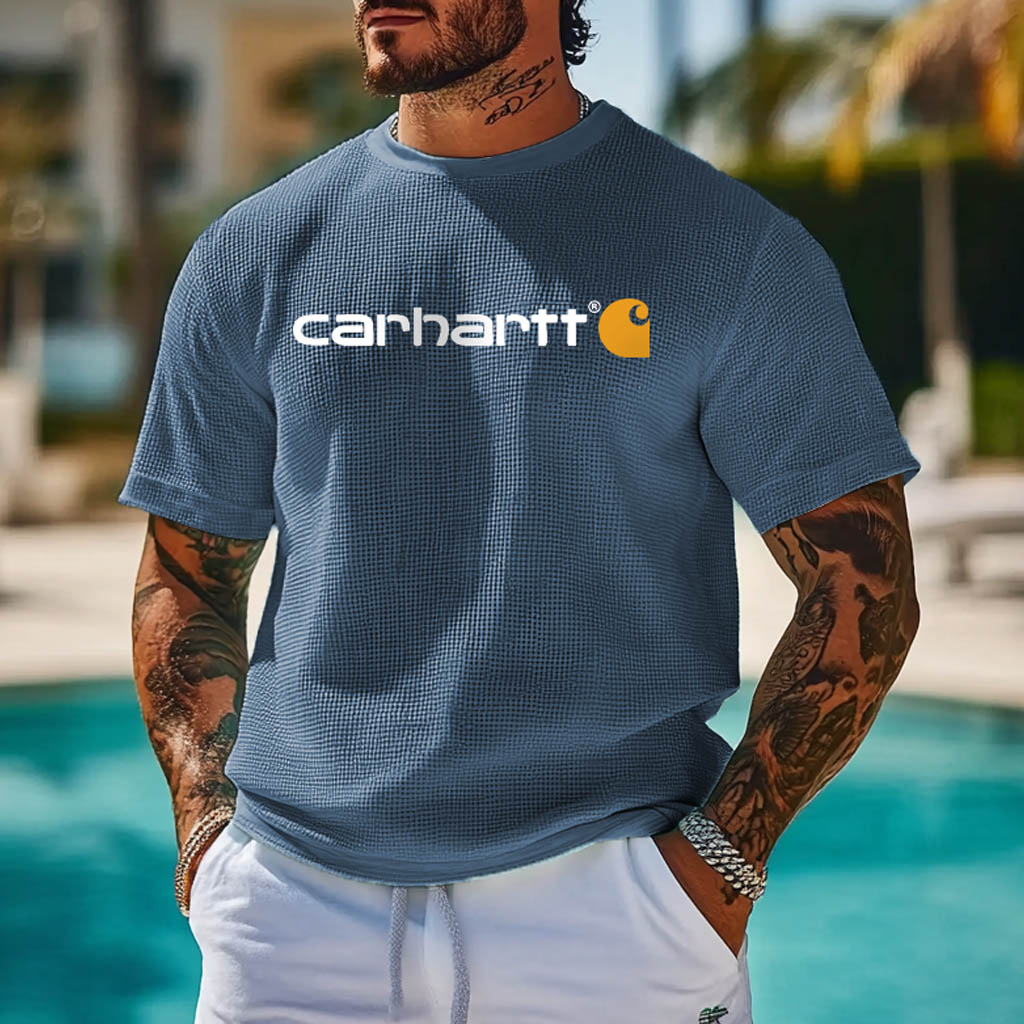 Men's Vintage Waffle Knit Short Sleeve Crew Neck T-Shirt-Unitsen