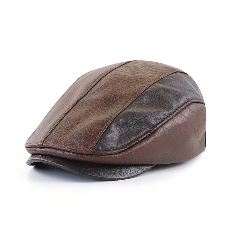 Men's Retro Beret Stitched Crocodile PU Leather Peaked Cap-Unitsen