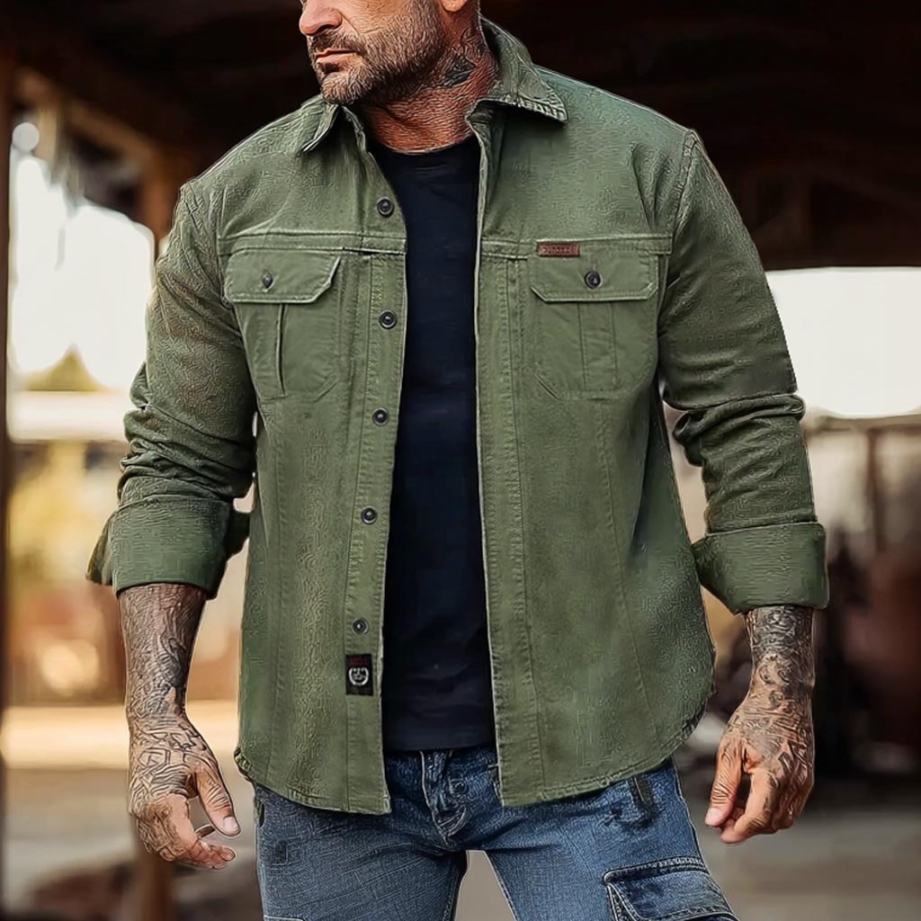 Men's Vintage Outdoor Workwear Pocket Long Sleeve Lapel Utility Shirt-Unitsen
