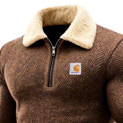 Men's Vintage Brown Herringbone Wool Suede Elbow Patches Quarter Zip Lapel Sweatshirt-Unitsen