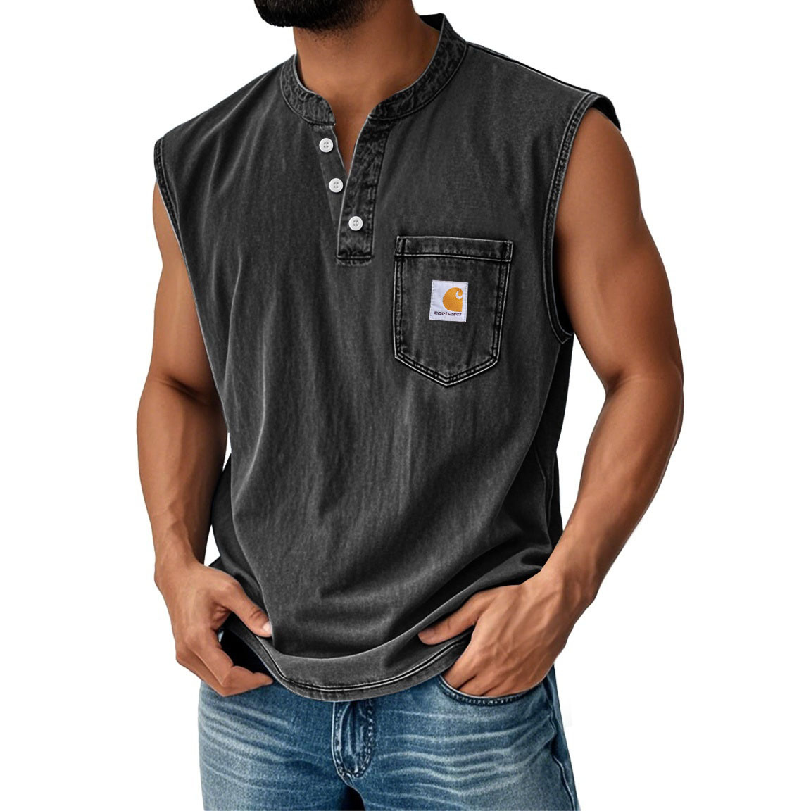 Carhartt Men's Vintage Distressed Pocket Henley Sleeveless Tank Top-Unitsen