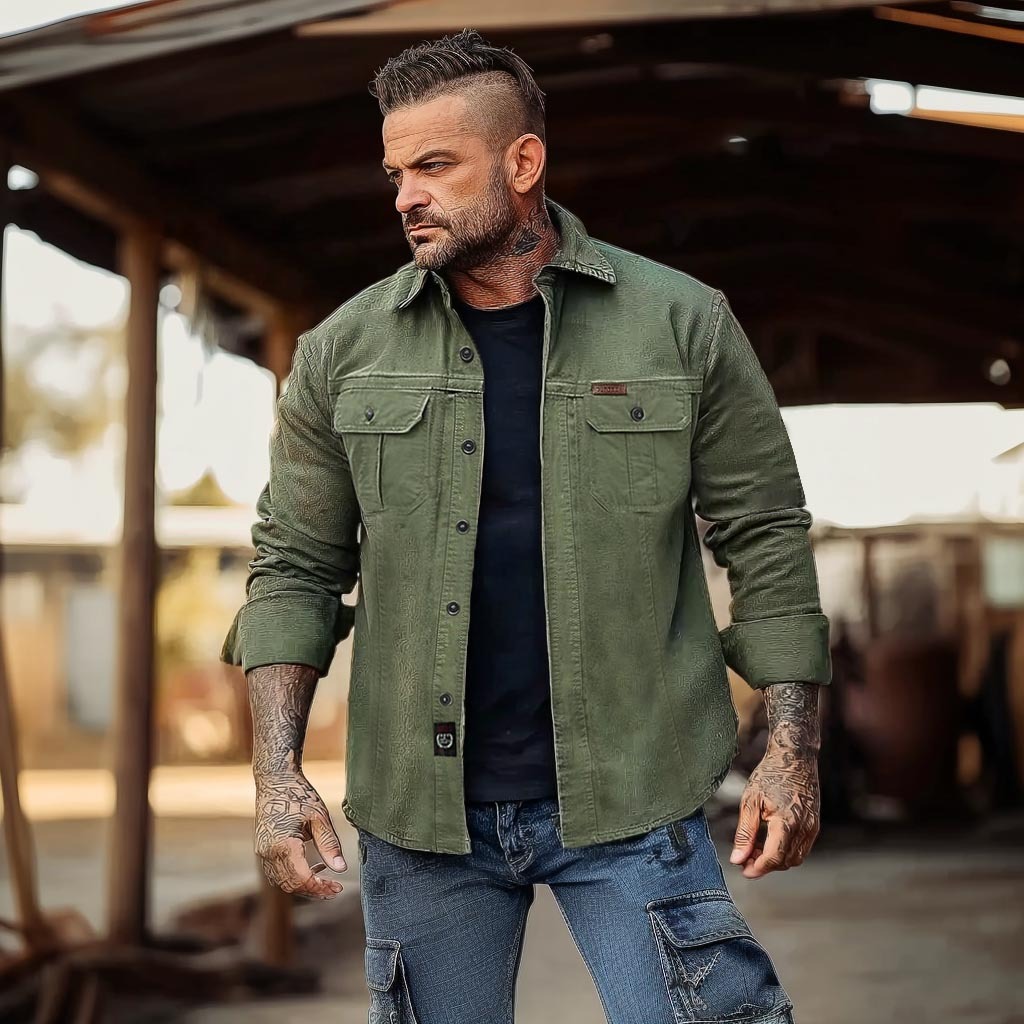 Men's Vintage Outdoor Workwear Pocket Long Sleeve Lapel Utility Shirt-Unitsen