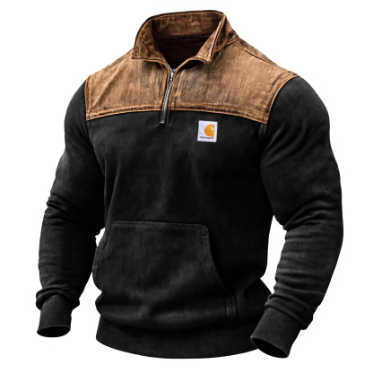 Men's Vintage Western Cowboy Black Quarter-Zip Stand Collar Sweatshirt-Unitsen