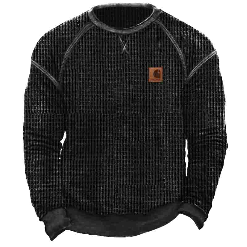 Men's Vintage Western Cowboy Waffle Knit Crew Neck Sweatshirt-Unitsen