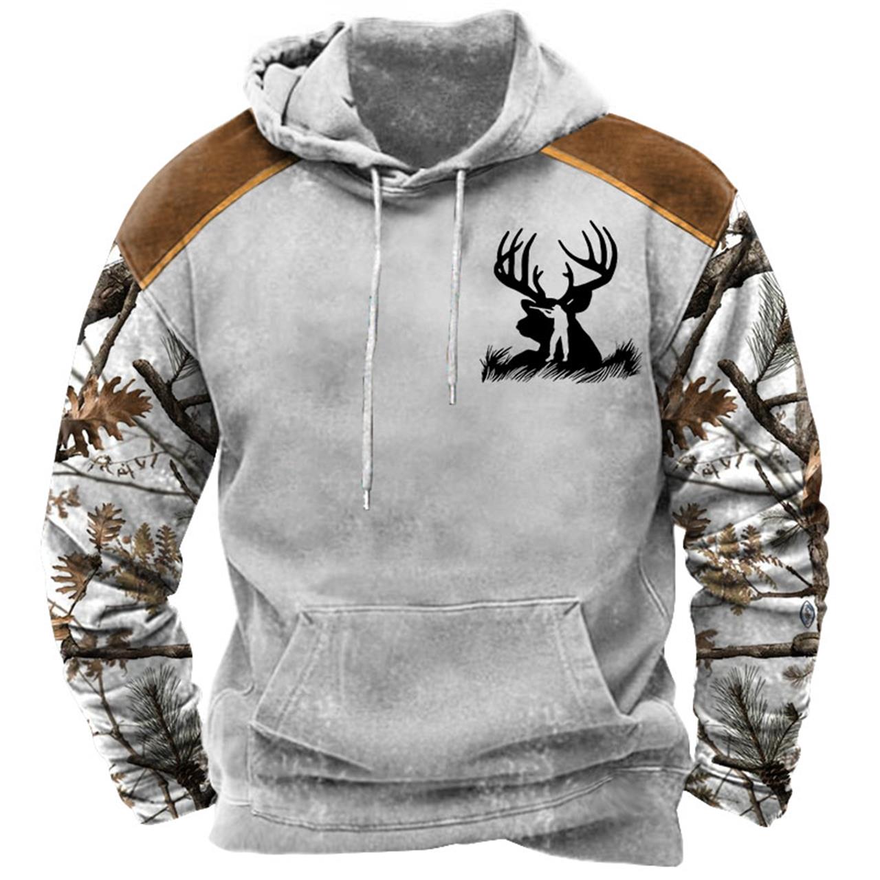 Men's Hoodie Vintage Hunting Deer Woods Print Pocket Long Sleeve Daily Tops-Unitsen