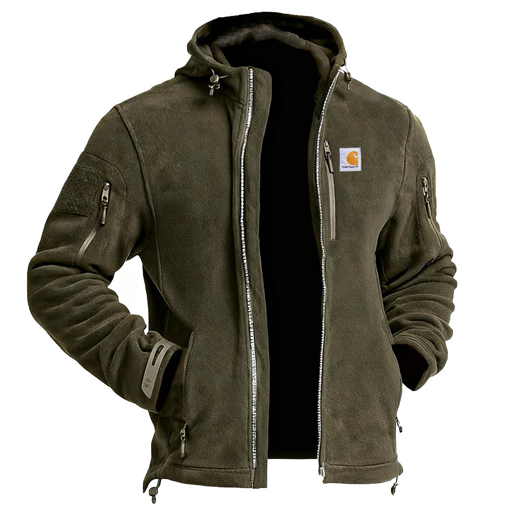 Men's Vintage Army Green Fleece Zippered Multi-Pocket Baerskin Hoodie