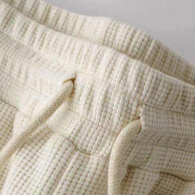 Men's Vintage Waffle Knit Beige Elastic Drawstring Board Surf Shorts-Unitsen