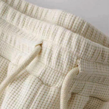 Men's Vintage Waffle Knit Beige Elastic Drawstring Board Surf Shorts-Unitsen