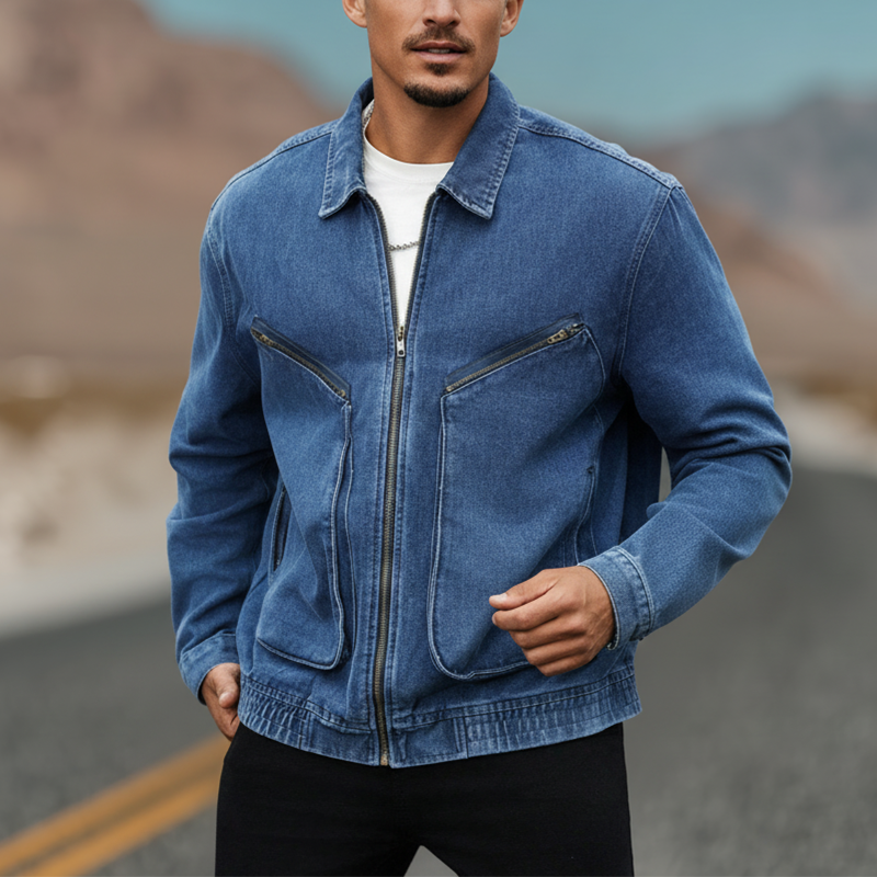 Men's Vintage Washed Large Pocket Denim Baseball Jacket-Unitsen