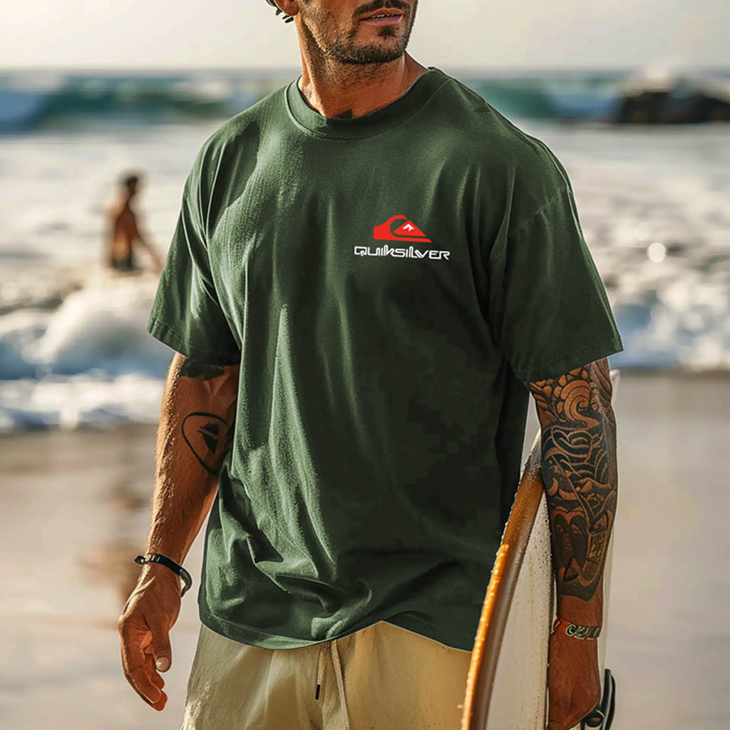 Quiksilver Men's Vintage Surfing Graphic Print Dark Gray Cotton Short Sleeve T-Shirt-Unitsen