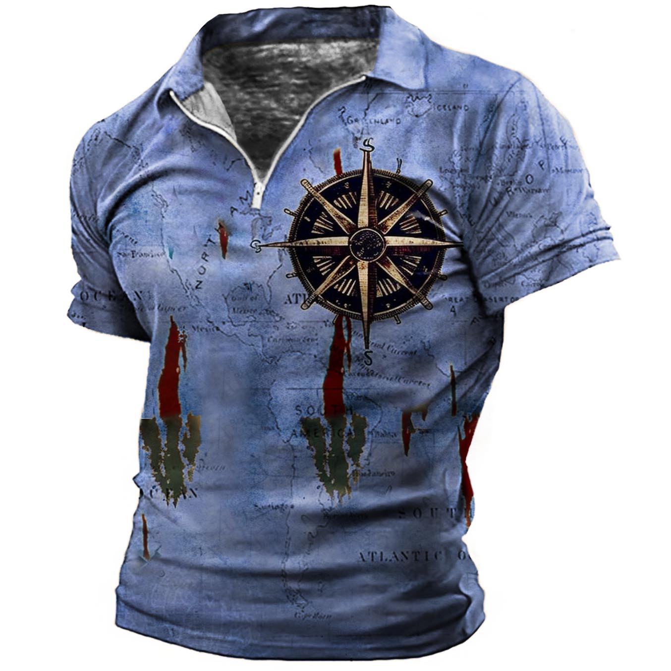 Plus Size Men's Vintage Nautical Map Compass Zip Polo T-Shirt-Unitsen