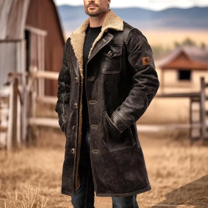 Men's Vintage Dark Brown Suede Leather Faux Fur Jacket Shearling Coat-Unitsen