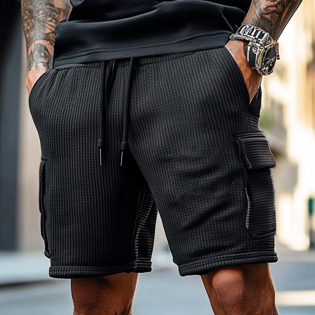 Men's Vintage Waffle Knit Multi-Pocket Casual Surf Elastic Drawstring Cargo Shorts-Unitsen