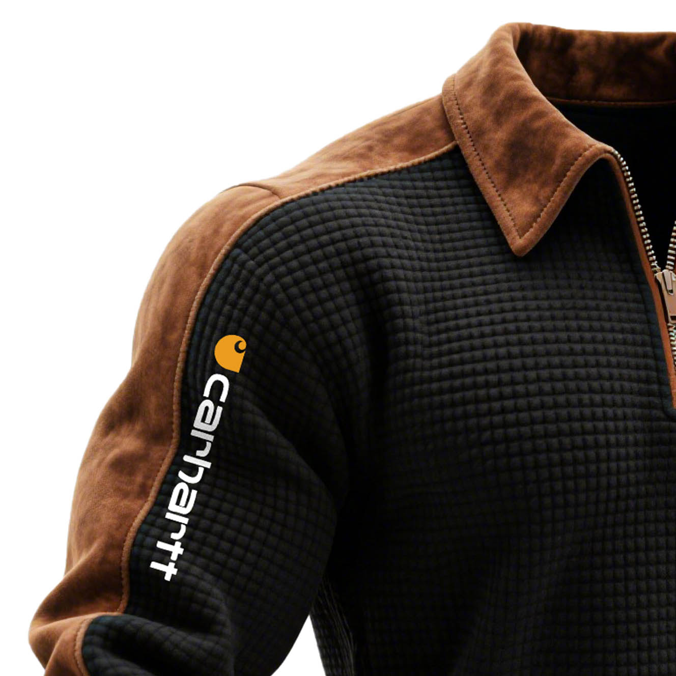 Men's Vintage Waffle Quilted Panel Suede Trim Quarter Zip Lapel Sweatshirt-Unitsen