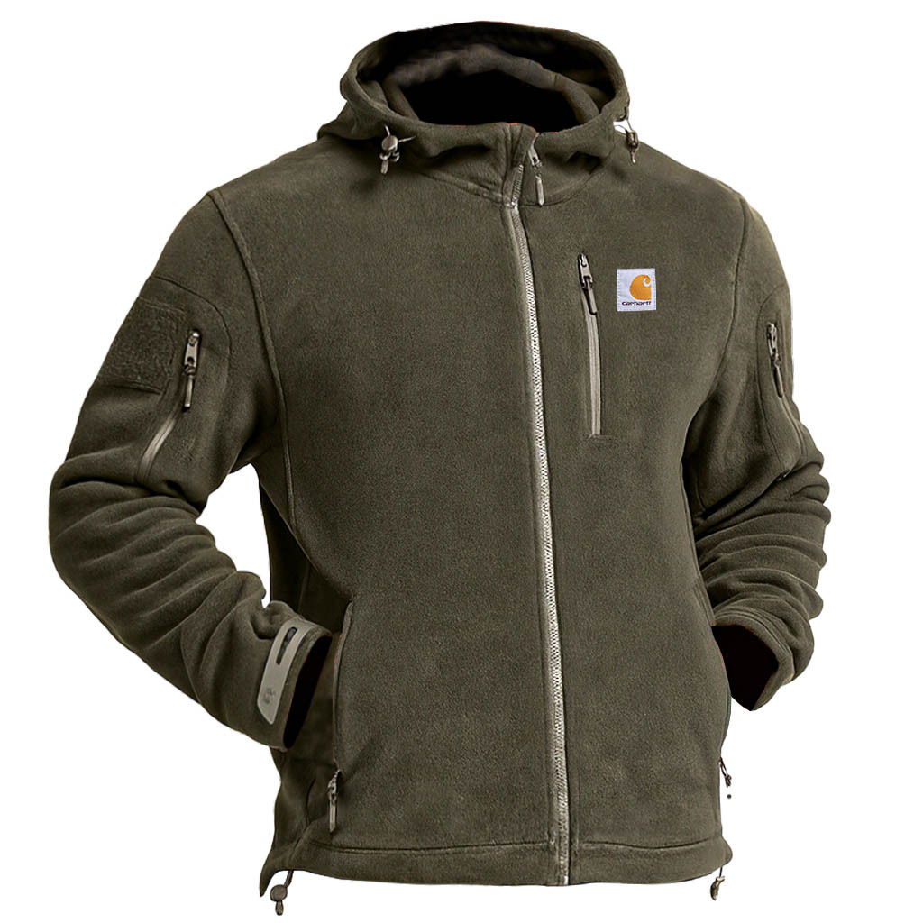 Men's Vintage Army Green Fleece Zippered Multi-Pocket Baerskin Hoodie Jacket-Unitsen