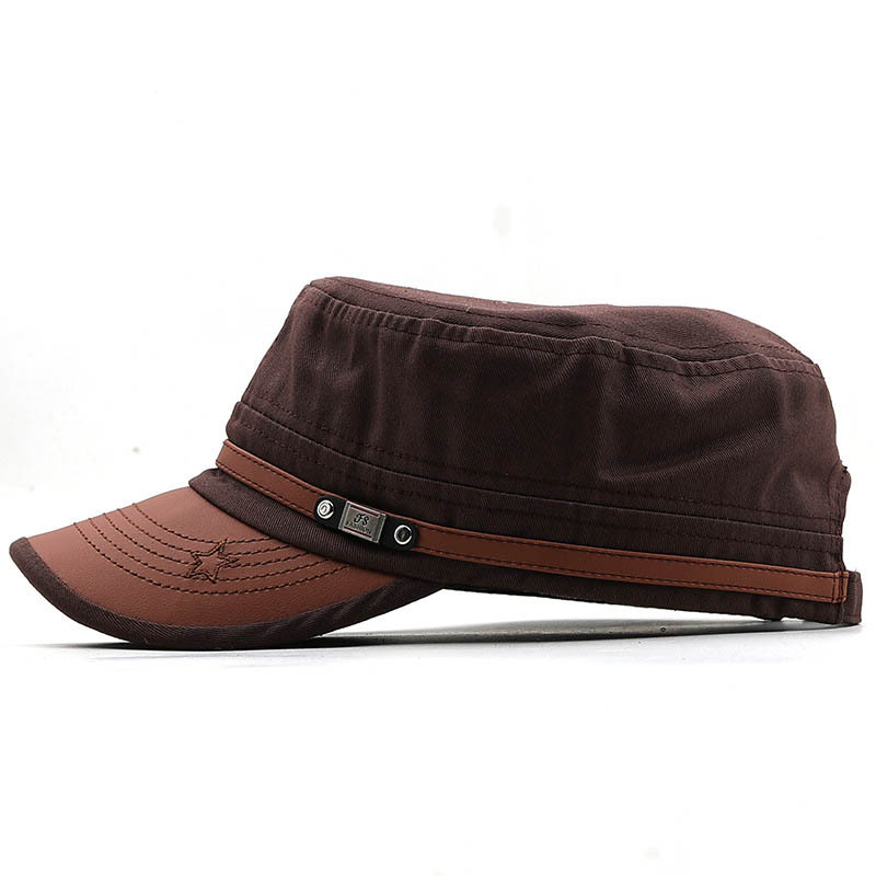 Men's Flat-top Leather Peaked Cap Military Cap Casual Sun Hat-Unitsen