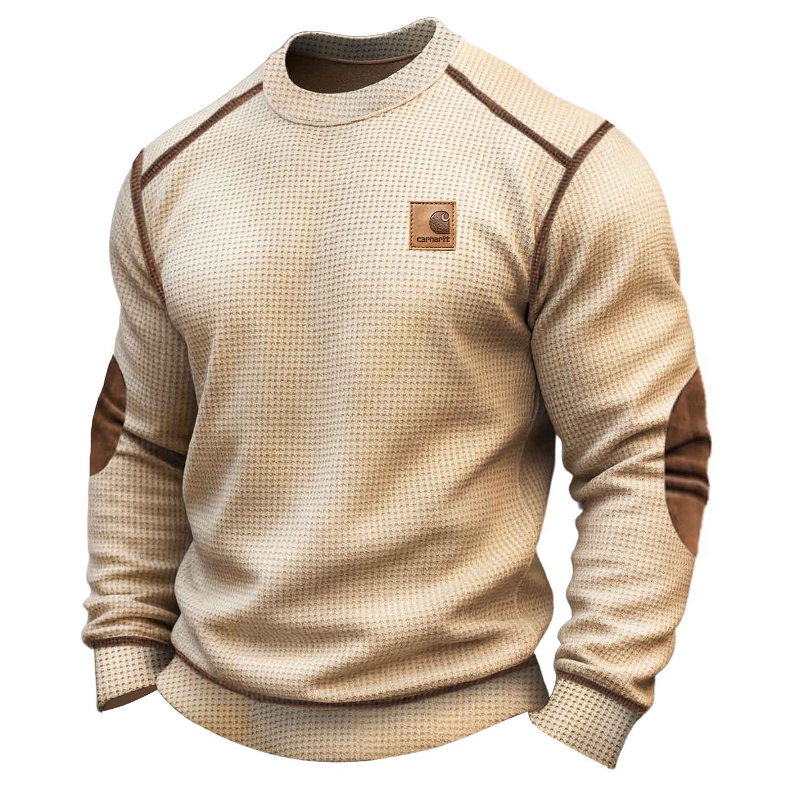 Carhartt Men's Vintage Apricot Waffle Knit Crewneck Suede Patches Sweatshirt-Unitsen