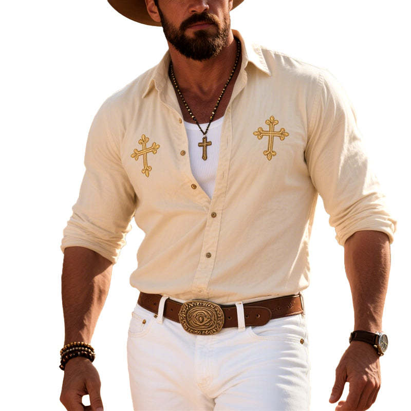 Men's Vintage Western Cowboy Cross Embroidered Long Sleeve Lapel Shirt-Unitsen