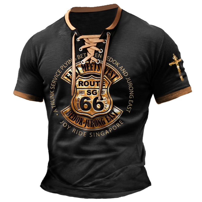 Men's T-Shirt Route 66 Cross Vintage Lace-Up Short Sleeve Color Block Summer Daily Tops-Unitsen