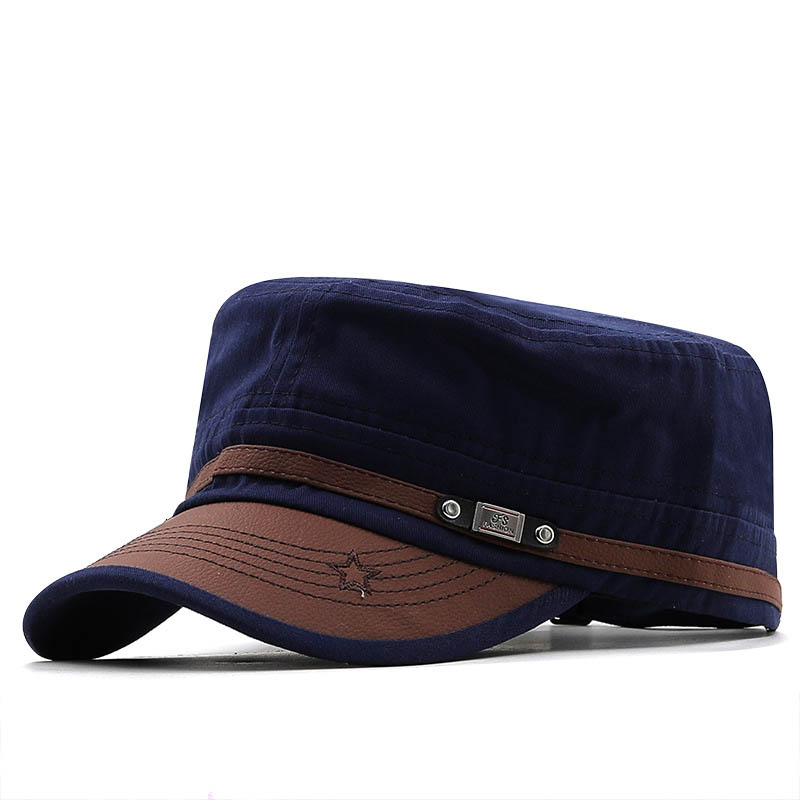 Men's Flat-top Leather Peaked Cap Military Cap Casual Sun Hat-Unitsen