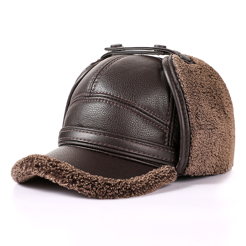 Men's Thickened Warm Earmuffs Buckle Leather Cap-Unitsen
