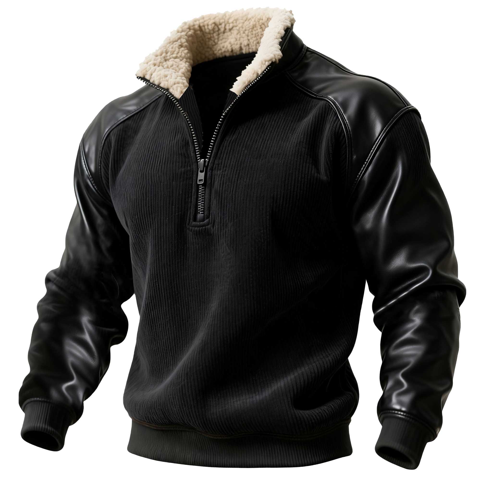 Men's Vintage Black Corduroy Leather Quarter-Zip Stand Collar Sweatshirt