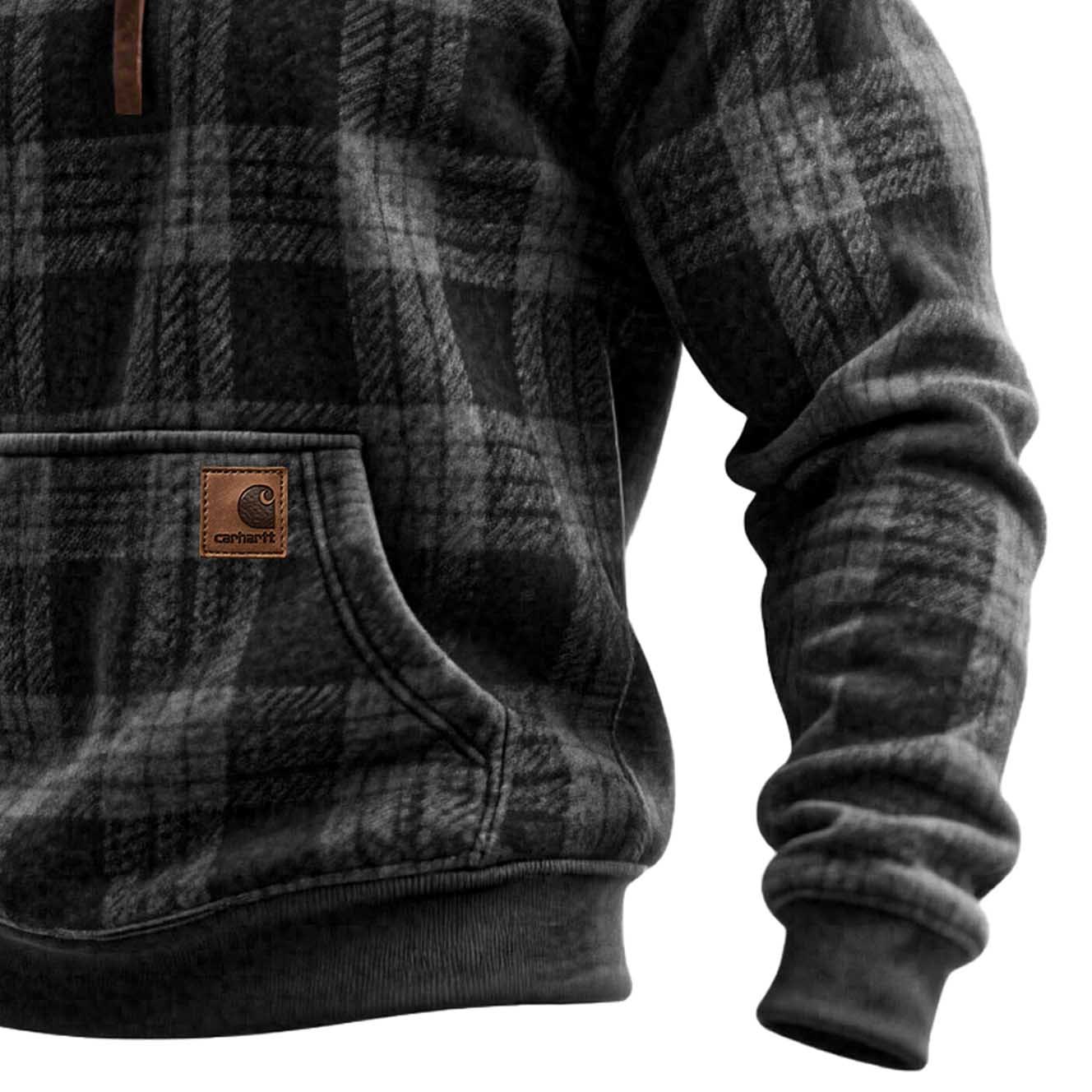 Men's Vintage Western Cowboy Plaid Print Pocket Hoodie-Unitsen