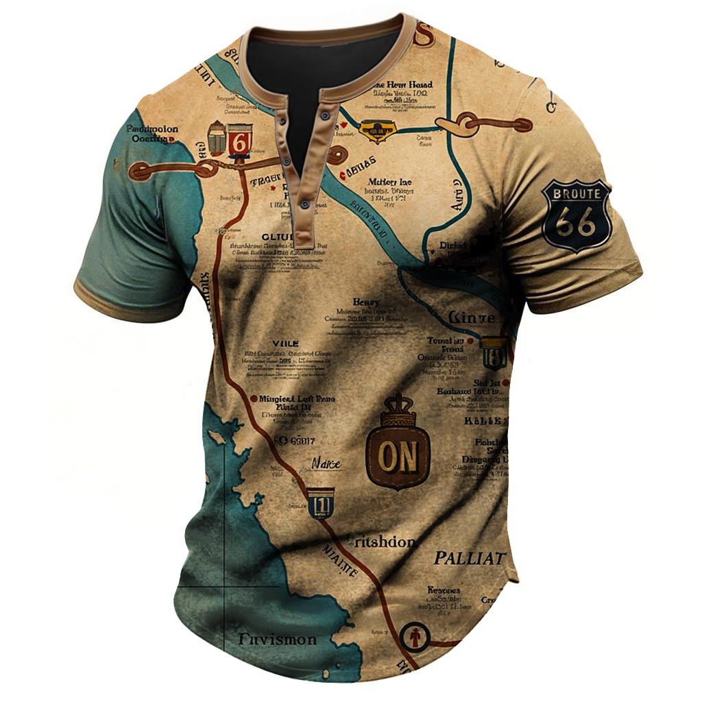 Men's Vintage Route 66 Road Trip Nautical Map Outdoor Short Sleeve Henley T-shirt-Unitsen