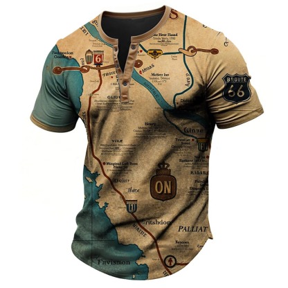 Men's Vintage Route 66 Road Trip Nautical Map Outdoor Short Sleeve Henley T-shirt-Unitsen