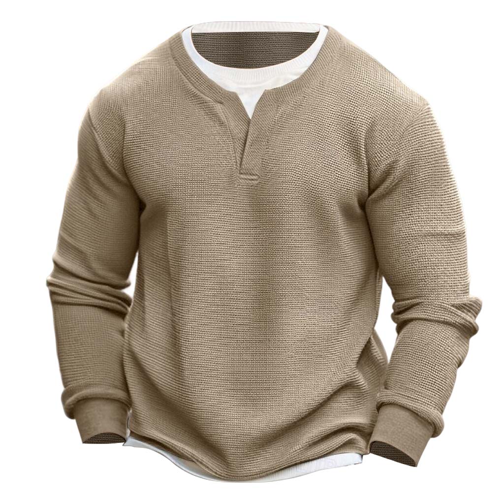 Men's Vintage Waffle Crew Neck Fake Two-Piece Long Sleeve T-shirt-Unitsen