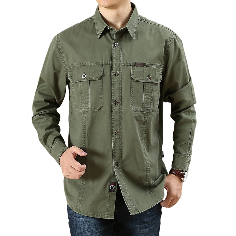 Men's Vintage Outdoor Workwear Pocket Long Sleeve Lapel Utility Shirt-Unitsen
