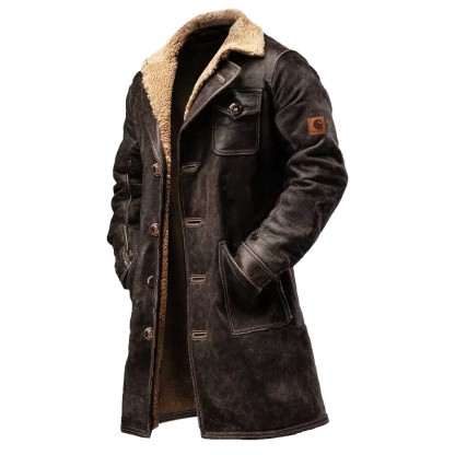 Men's Vintage Dark Brown Suede Leather Faux Fur Jacket Shearling Coat-Unitsen