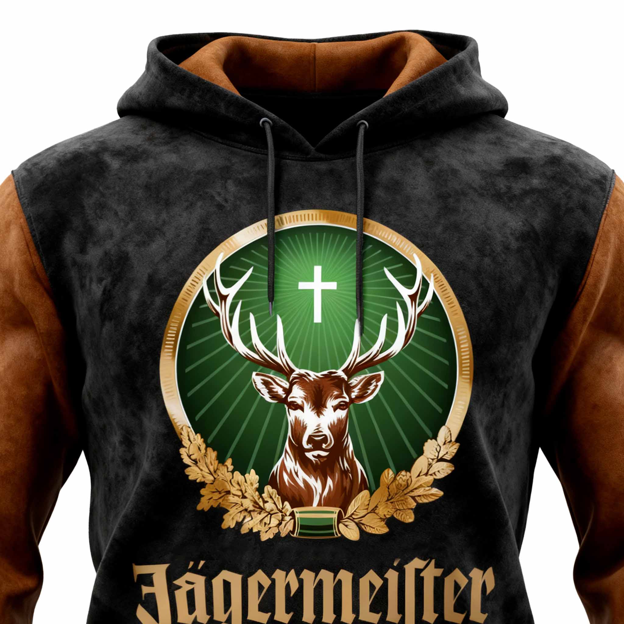 Men's Vintage Deer Black And Brown Suede Contrast Long Sleeve Hoodie-Unitsen