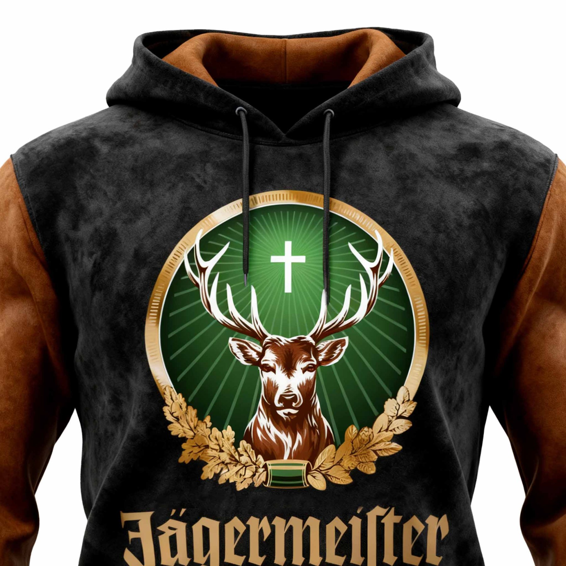 Men's Vintage Deer Black And Brown Suede Contrast Long Sleeve Hoodie-Unitsen