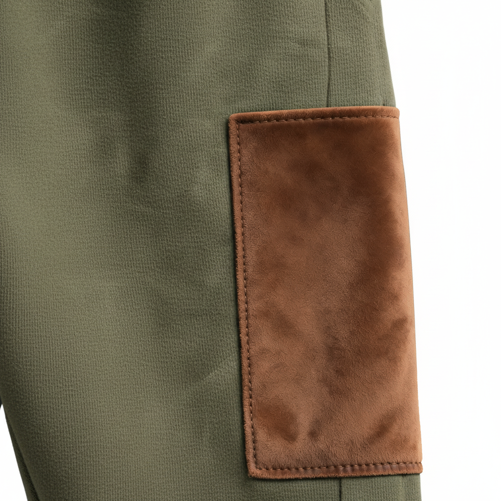 Men's Vintage Army Green Stitching Brown Suede Pocket Hoodie And Sweatpants Jogger Set-Unitsen