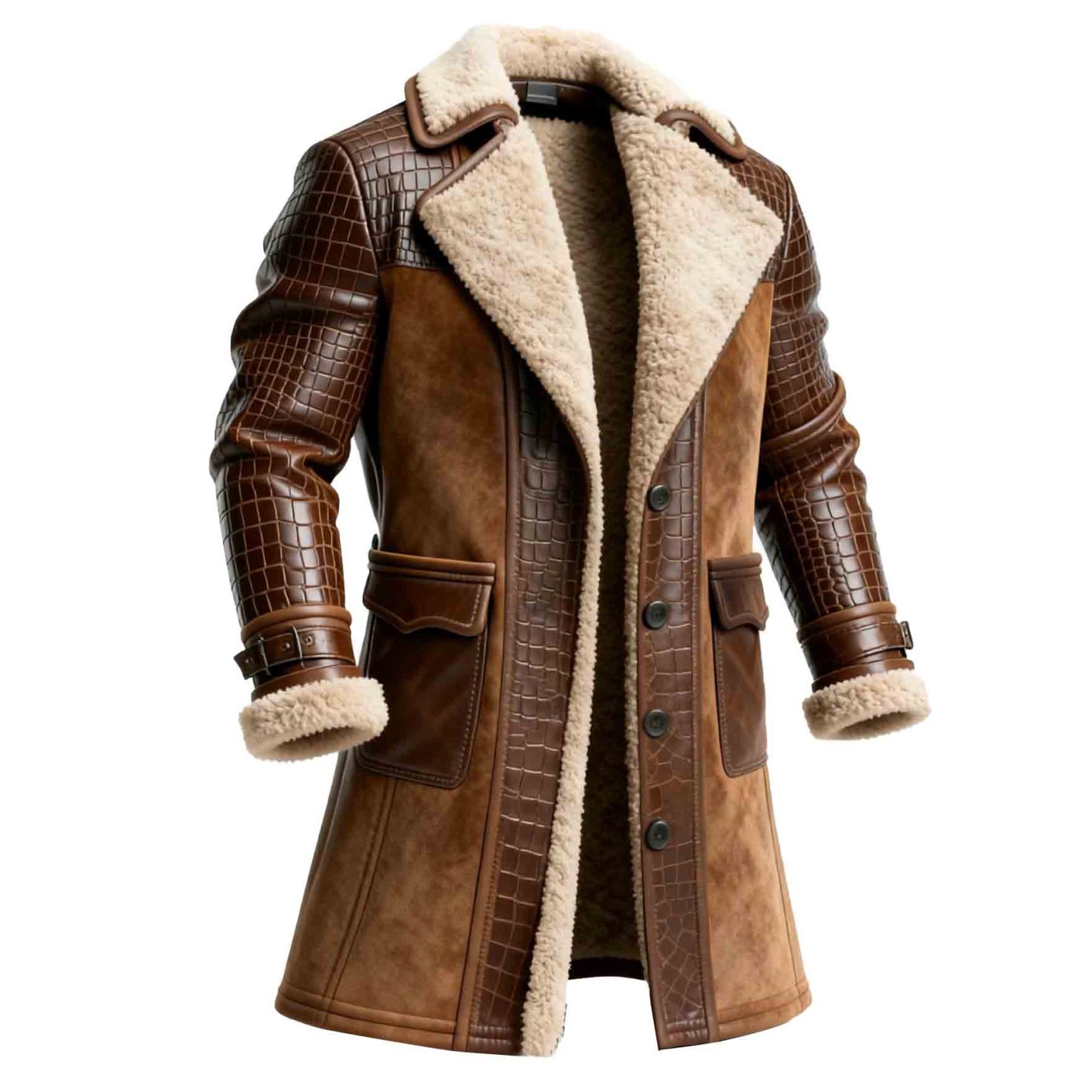Men's Western Cowboy Brown Leather Embossed Suede Fleece Shearling Coat